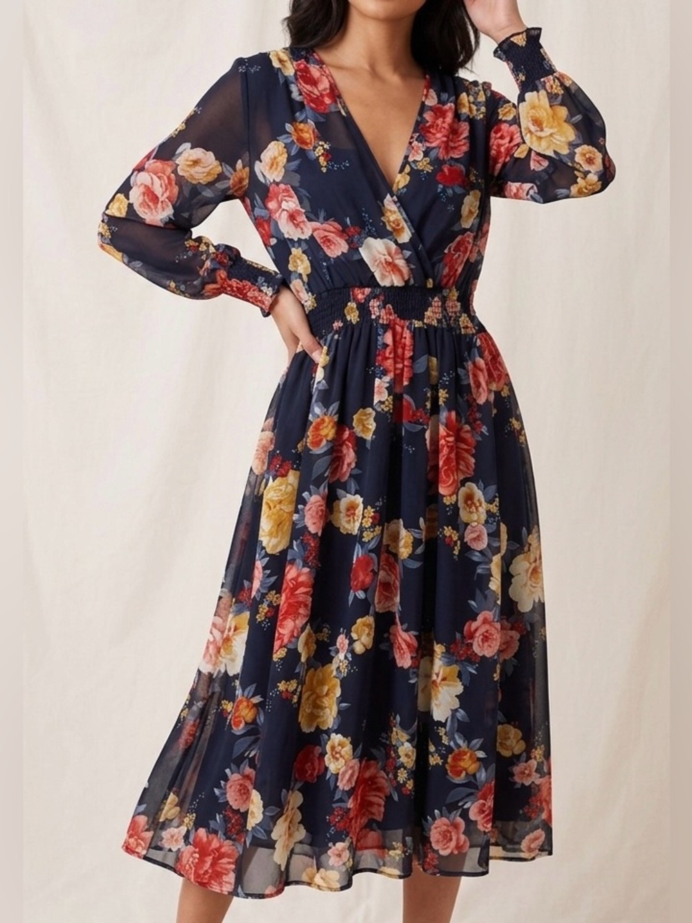 Stella & Julie Navy Floral Wrap Midi Dress with Smocked Waist